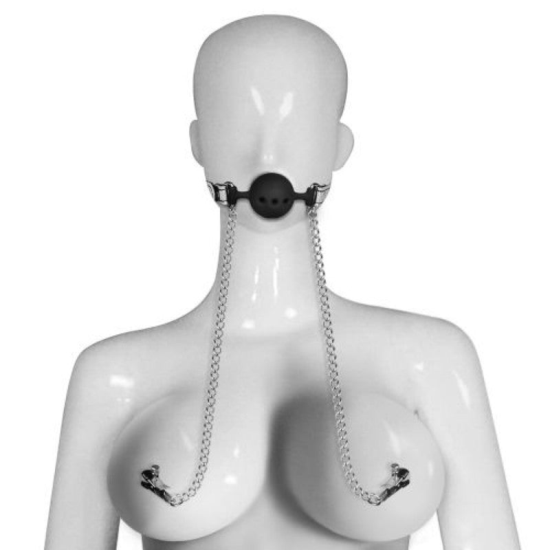 Morso bondage con pinze per capezzoli Breathable Ball Gag with Nipple Clamp